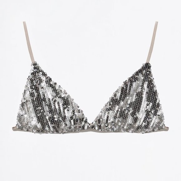 BLOGGER'S FAVE! Zara Sequin Appliqué Bikini Top Silver NWT - Picture 5 of 17